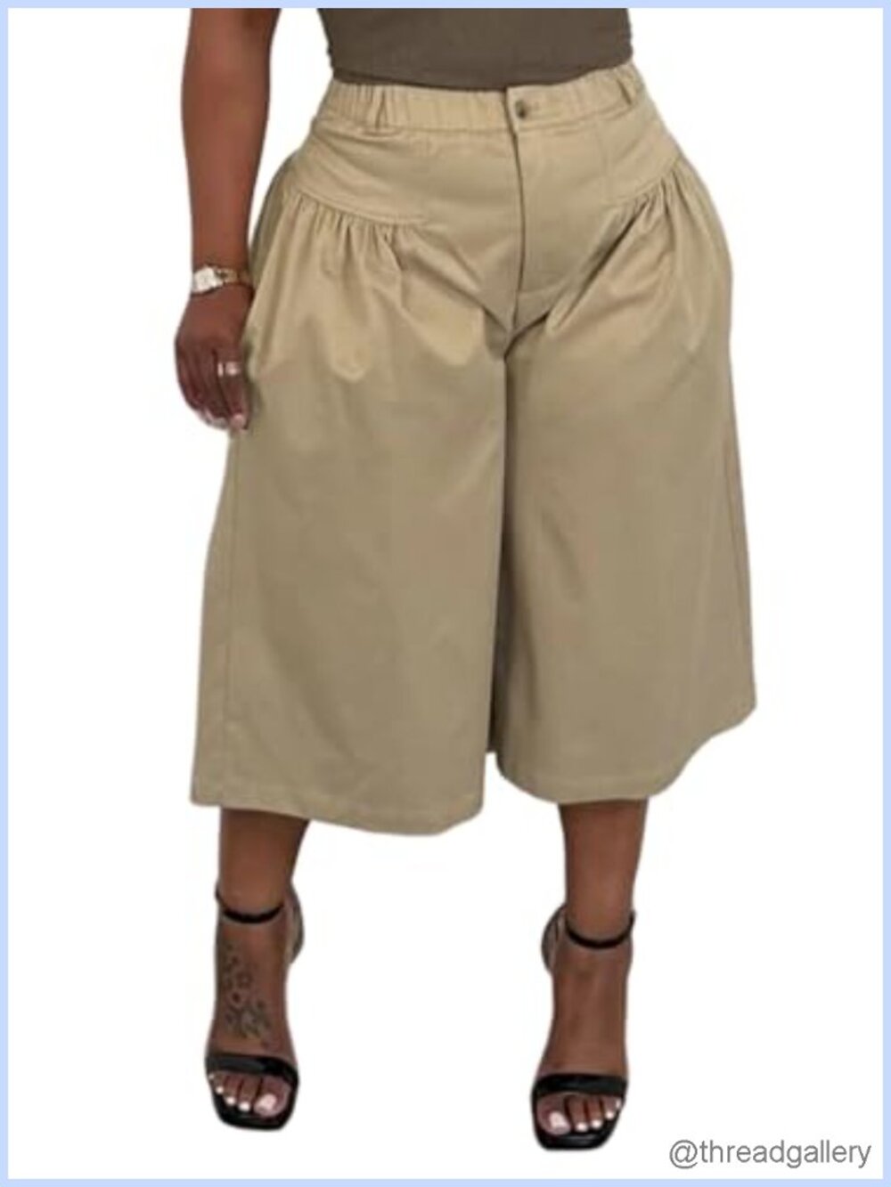 Women's Pleated Wide Leg Capri Gaucho Pants with Pockets